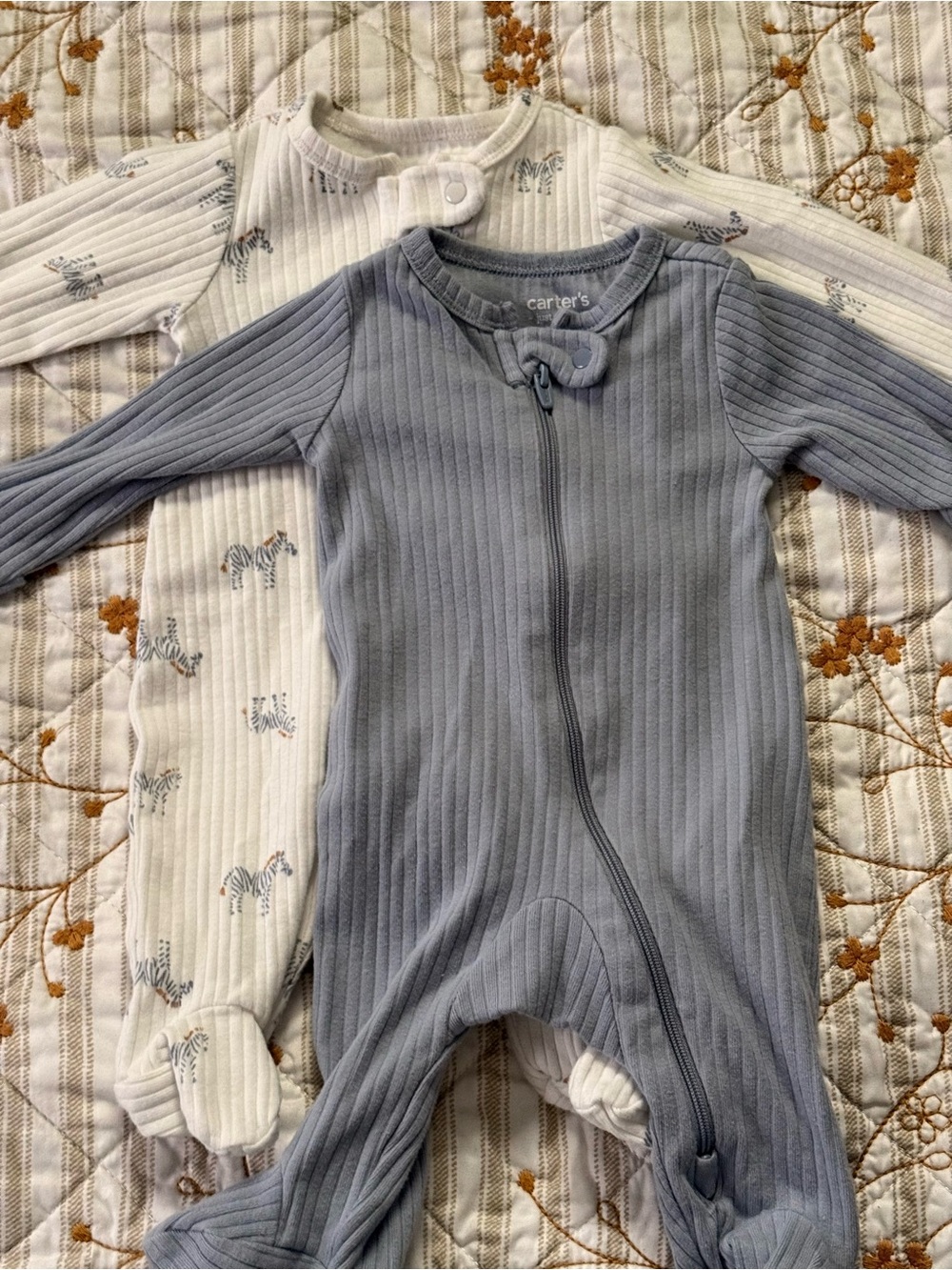 Carter's Ribbed Double Zipper Footed One-Piece in Gray and Cream